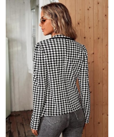 Women's Houndstooth Lapel Long Sleeve Elegant Coat Work Office Jackets Blazers Black and White $13.43 Blazers