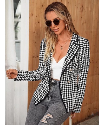 Women's Houndstooth Lapel Long Sleeve Elegant Coat Work Office Jackets Blazers Black and White $13.43 Blazers