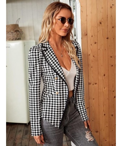 Women's Houndstooth Lapel Long Sleeve Elegant Coat Work Office Jackets Blazers Black and White $13.43 Blazers