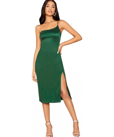 Women's Satin Sleeveless One Shoulder Split Thigh Midi Dress Party Cocktail Dress Green $6.23 Dresses