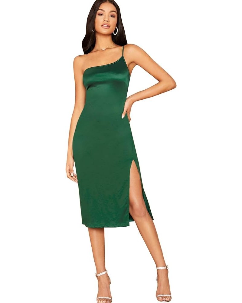 Women's Satin Sleeveless One Shoulder Split Thigh Midi Dress Party Cocktail Dress Green $6.23 Dresses