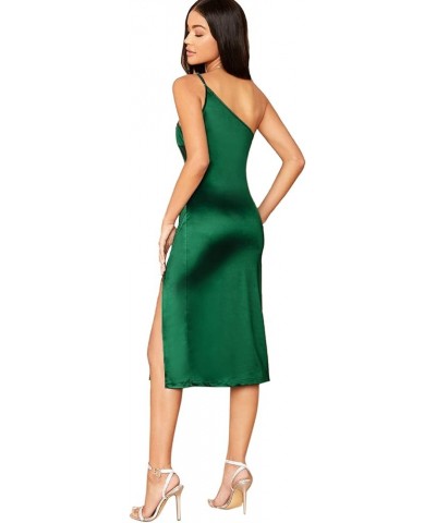 Women's Satin Sleeveless One Shoulder Split Thigh Midi Dress Party Cocktail Dress Green $6.23 Dresses