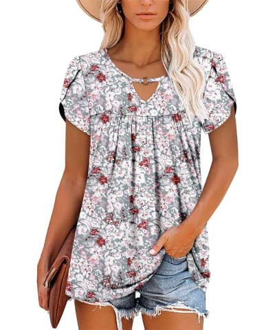 Womens V Neck Summer Shirts Short Sleeve Tunic Tops Casual Flowy Ruffle Shirt C-graypink $14.21 Tops