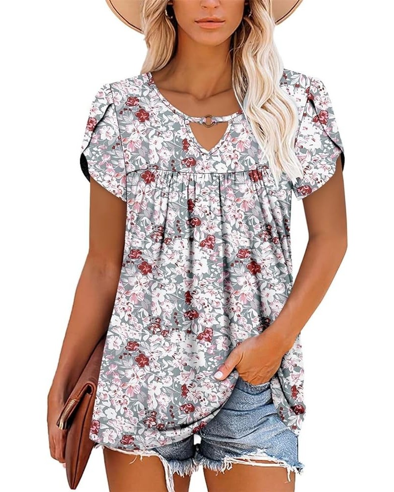 Womens V Neck Summer Shirts Short Sleeve Tunic Tops Casual Flowy Ruffle Shirt C-graypink $14.21 Tops