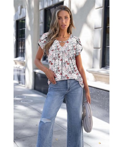 Womens V Neck Summer Shirts Short Sleeve Tunic Tops Casual Flowy Ruffle Shirt C-graypink $14.21 Tops