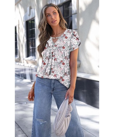 Womens V Neck Summer Shirts Short Sleeve Tunic Tops Casual Flowy Ruffle Shirt C-graypink $14.21 Tops