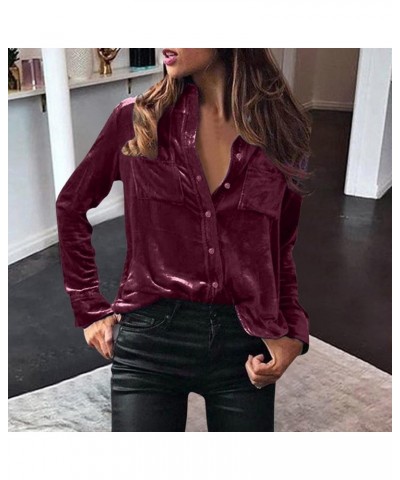 Velvet Tunic Tops for Women Vintage Long Sleeve Velour Blouses Dressy Casual Formal Button Down T Shirts with Pocket D-wine $...