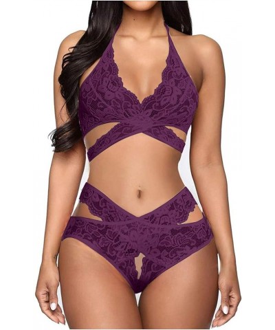 Lingerie for Women Plus Size Naughty, Womens Lingerie Sleepwear Outfits Lace Bodycon Floral Pajama Set Y08-purple $9.53 Sleep...