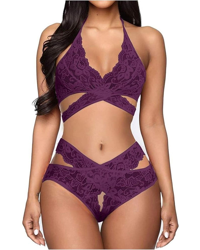 Lingerie for Women Plus Size Naughty, Womens Lingerie Sleepwear Outfits Lace Bodycon Floral Pajama Set Y08-purple $9.53 Sleep...