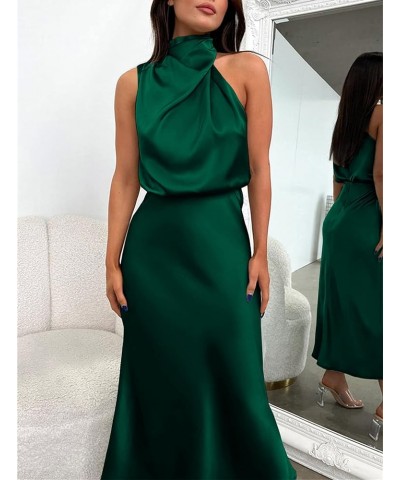 Women's Sleeveless Summer Satin Dress Mock Neck Zip Up Elegant Cocktail Party Formal Maxi Dresses Green $11.24 Dresses