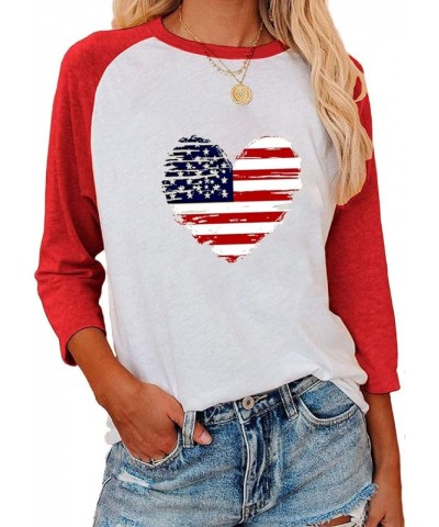 Womens American Flag Print Heart Baseball Shirt Casual Raglan Long Sleeve Stars Stripes Top Tees 3/4 Sleeve Heart Red $14.74 ...