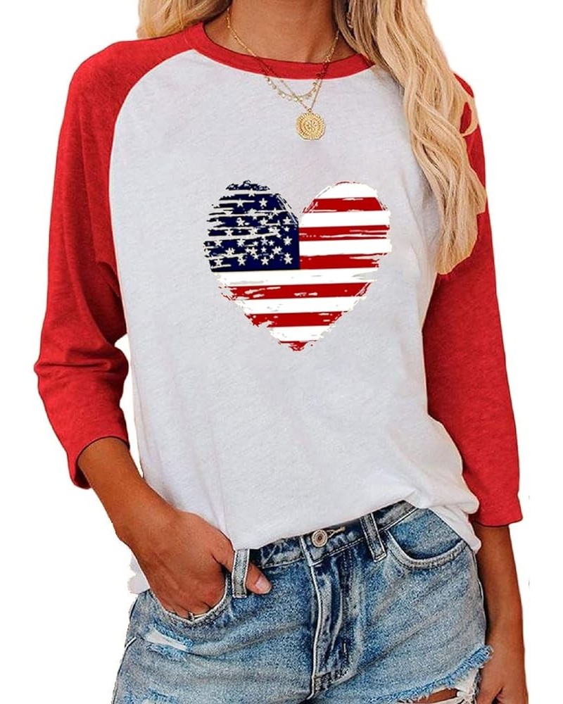 Womens American Flag Print Heart Baseball Shirt Casual Raglan Long Sleeve Stars Stripes Top Tees 3/4 Sleeve Heart Red $14.74 ...