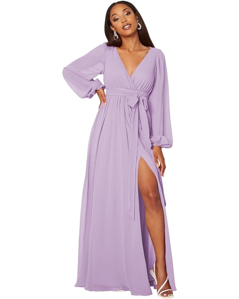 Long Sleeve Bridesmaid Dress with Split V Neck Chiffon Prom Dress Long for Women RS011 Lilac $28.60 Dresses