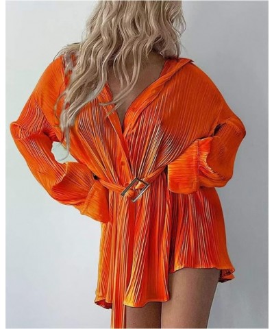 Women Sexy V Neck Dress Long Sleeve Pleated High Waist Lace Up Belted Tunic Tops Mini Shirt Dress 25orange $26.99 Dresses