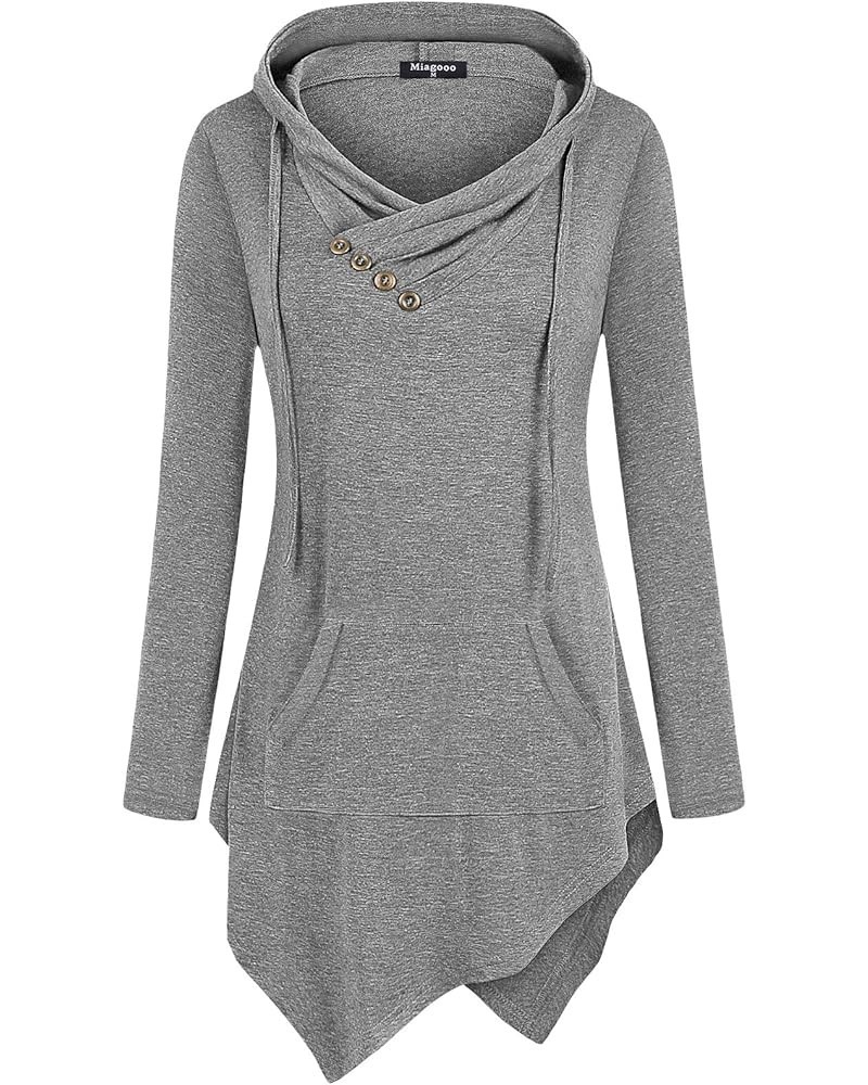 Womens Cross Neck Uneven Hemline Hoody Long Sleeve Loose Flare Tunic Henley Light Gray $16.73 Tops