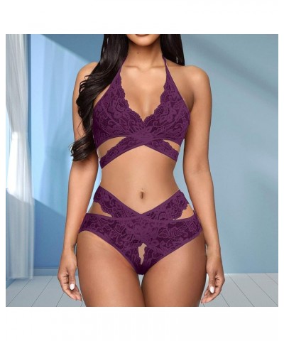 Lingerie for Women Plus Size Naughty, Womens Lingerie Sleepwear Outfits Lace Bodycon Floral Pajama Set Y08-purple $9.53 Sleep...