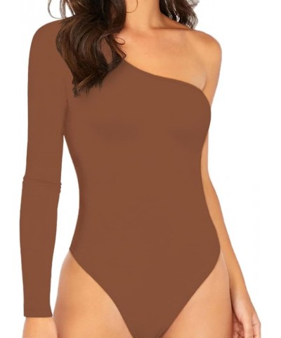 Womens Sexy One Shoulder Long Sleeve Bodysuit Tops Scoop Neck Jumpsuits A-brown $9.60 Jumpsuits