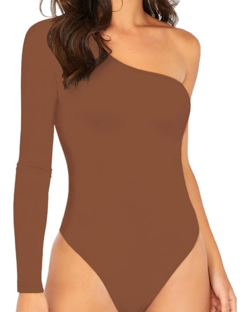 Womens Sexy One Shoulder Long Sleeve Bodysuit Tops Scoop Neck Jumpsuits A-brown $9.60 Jumpsuits