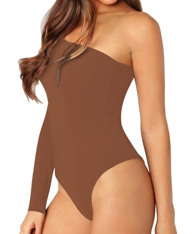 Womens Sexy One Shoulder Long Sleeve Bodysuit Tops Scoop Neck Jumpsuits A-brown $9.60 Jumpsuits