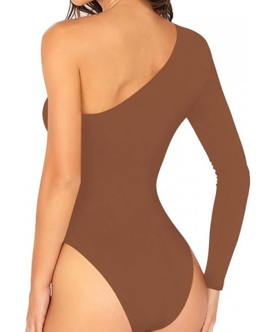 Womens Sexy One Shoulder Long Sleeve Bodysuit Tops Scoop Neck Jumpsuits A-brown $9.60 Jumpsuits