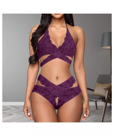 Lingerie for Women Plus Size Naughty, Womens Lingerie Sleepwear Outfits Lace Bodycon Floral Pajama Set Y08-purple $9.53 Sleep...