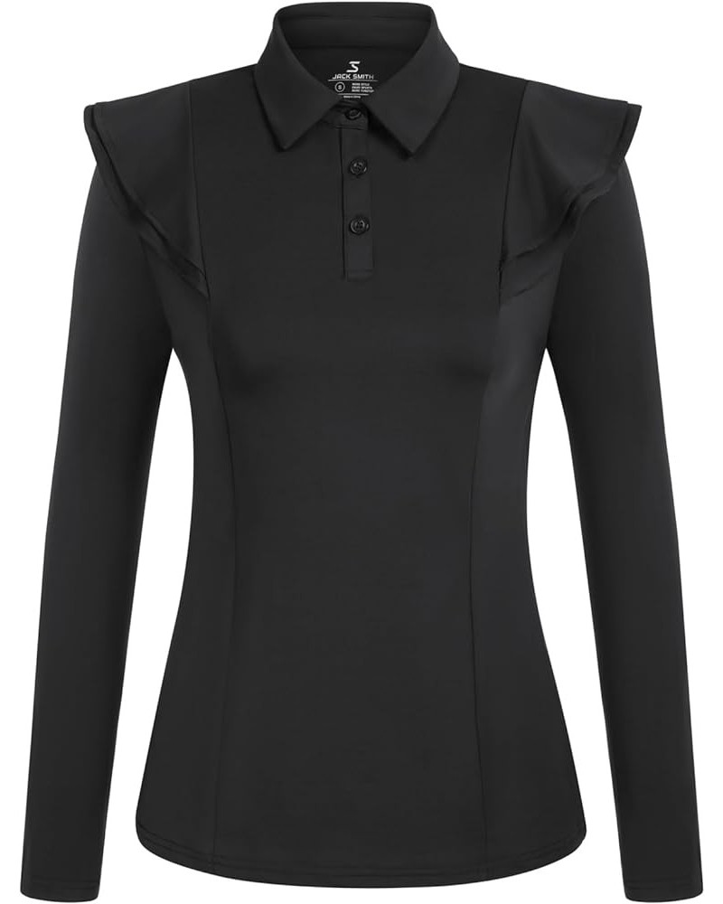 Womens Long Sleeve Golf Polo Shirt Ruffles Moisture Wicking Tennis Athletic Shirts Button Up Black $15.75 Shirts