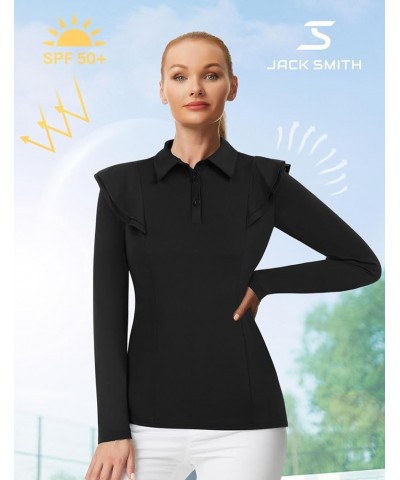 Womens Long Sleeve Golf Polo Shirt Ruffles Moisture Wicking Tennis Athletic Shirts Button Up Black $15.75 Shirts