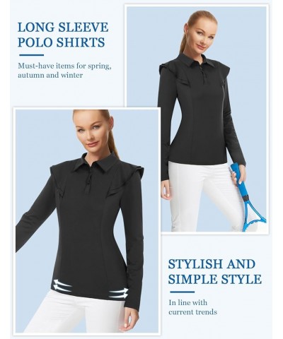 Womens Long Sleeve Golf Polo Shirt Ruffles Moisture Wicking Tennis Athletic Shirts Button Up Black $15.75 Shirts