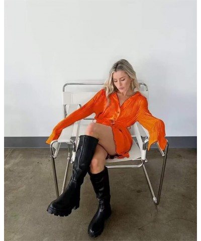 Women Sexy V Neck Dress Long Sleeve Pleated High Waist Lace Up Belted Tunic Tops Mini Shirt Dress 25orange $26.99 Dresses