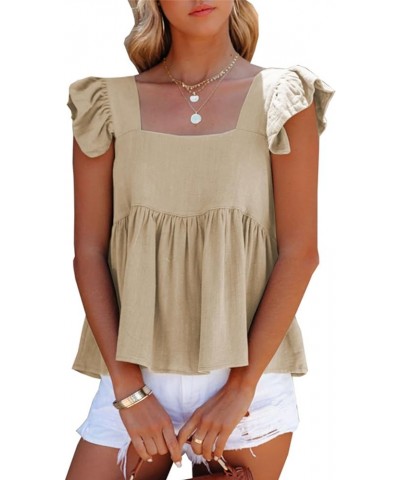 Women's Summer Peplum Blouse Square Neck Ruffle Strap Sleeveless and Backless with Button Babydoll Tank Top Beige $14.72 Tanks