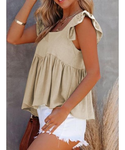 Women's Summer Peplum Blouse Square Neck Ruffle Strap Sleeveless and Backless with Button Babydoll Tank Top Beige $14.72 Tanks