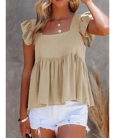 Women's Summer Peplum Blouse Square Neck Ruffle Strap Sleeveless and Backless with Button Babydoll Tank Top Beige $14.72 Tanks