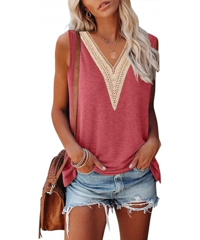 Women's Sleeveless Lace Trim V Neck Tank Tops Summer Loose Tee Shirts Blouse Watermelon $10.99 Tanks