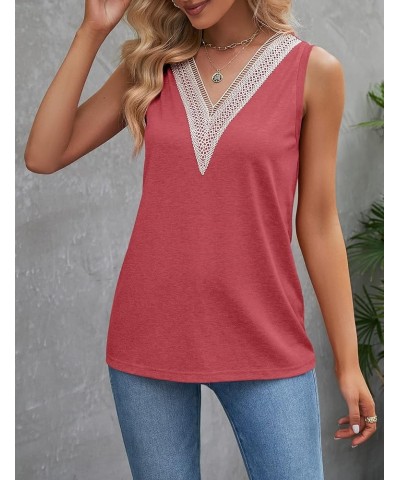 Women's Sleeveless Lace Trim V Neck Tank Tops Summer Loose Tee Shirts Blouse Watermelon $10.99 Tanks