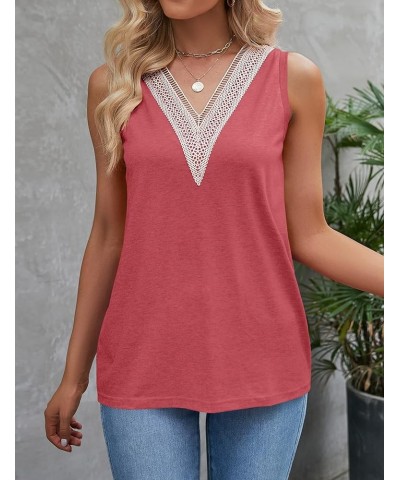 Women's Sleeveless Lace Trim V Neck Tank Tops Summer Loose Tee Shirts Blouse Watermelon $10.99 Tanks