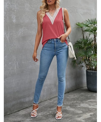 Women's Sleeveless Lace Trim V Neck Tank Tops Summer Loose Tee Shirts Blouse Watermelon $10.99 Tanks