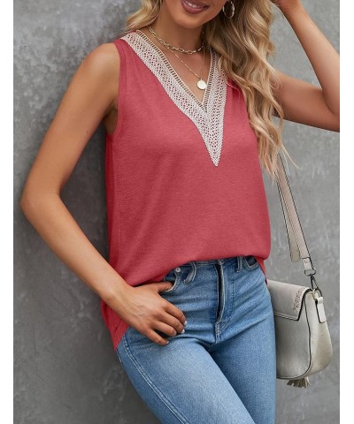 Women's Sleeveless Lace Trim V Neck Tank Tops Summer Loose Tee Shirts Blouse Watermelon $10.99 Tanks