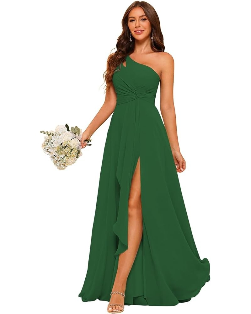 Chiffon One Shoulder Bridesmaid Dresses with Slit A-Line Long Formal Party Dress with Pockets RO022 Emerald Green $32.34 Dresses