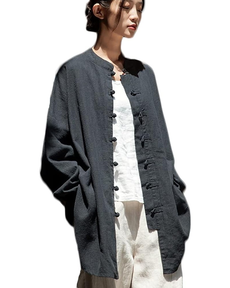 Women Cotton Linen Blouse Jacket Long Sleeve Tang Suit Button-Down Morning Exercise Shirts Black $21.60 Blazers