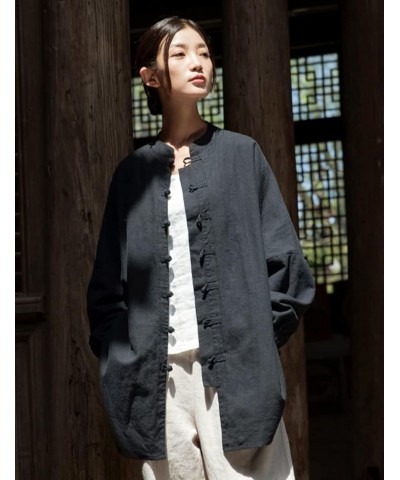 Women Cotton Linen Blouse Jacket Long Sleeve Tang Suit Button-Down Morning Exercise Shirts Black $21.60 Blazers