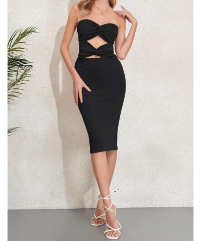 Women's Midi Dresses Off Shoulder Bodycon Twist Knot Front Cut Out Sleeveless Party Club Night Out Bandeau Tube Dress Black $...