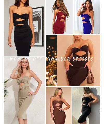 Women's Midi Dresses Off Shoulder Bodycon Twist Knot Front Cut Out Sleeveless Party Club Night Out Bandeau Tube Dress Black $...