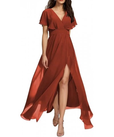 Slit Long Bridesmaid Dresses 2023 for Women V Neck Chiffon Ruffle Sleeves A-Line Formal Dresses with Pockets CO50 Rust $12.85...