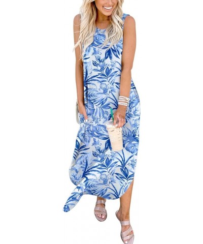 Women's Casual Loose Summer Long Dress Sleeveless Split Beach Maxi Dresses with Pockets Print Blue Flower $17.60 Dresses