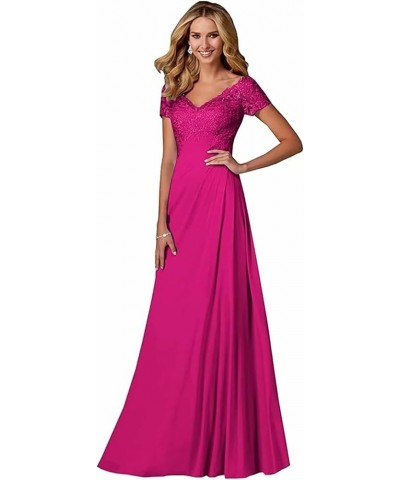 Women's Lace Appliques Mother of The Bride Dresses V-Neck Chiffon Long Formal Evening Gowns with Sleeve Hot Pink $27.20 Dresses