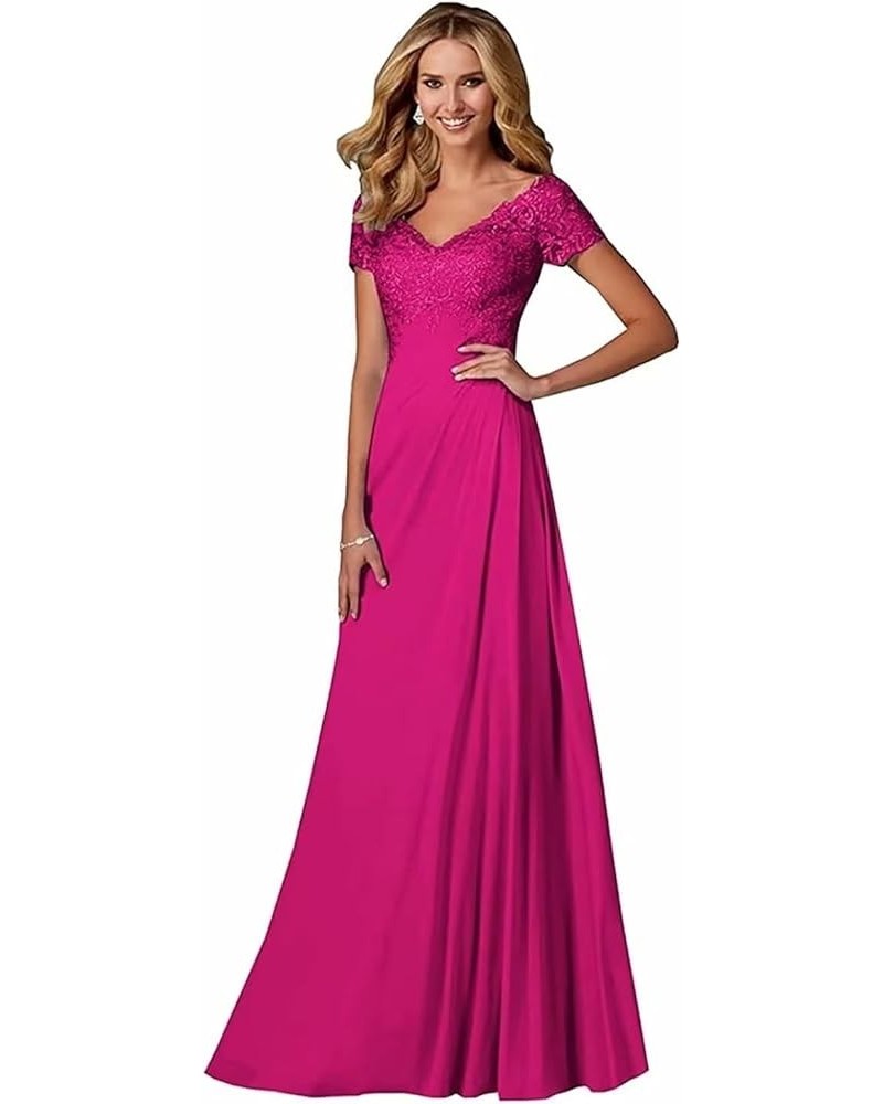 Women's Lace Appliques Mother of The Bride Dresses V-Neck Chiffon Long Formal Evening Gowns with Sleeve Hot Pink $27.20 Dresses