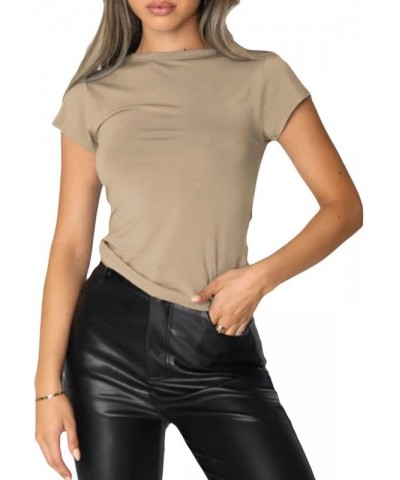 Women Basic Short Sleeve Cropped Shirts Square Neck Ribbed Slim Fit Tee Tops Solid Color Blouse Streetwear 02-crewneck Coffee...