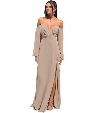 Cold Shoulder Long Sleeve Bridesmaid Dresses with Slit for Wedding Ruched Chiffon Formal Evening Gown Taupe $26.00 Dresses