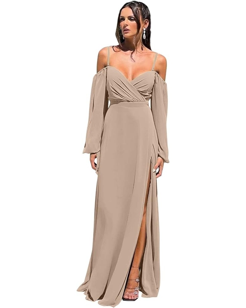 Cold Shoulder Long Sleeve Bridesmaid Dresses with Slit for Wedding Ruched Chiffon Formal Evening Gown Taupe $26.00 Dresses