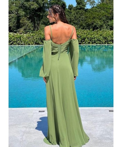 Cold Shoulder Long Sleeve Bridesmaid Dresses with Slit for Wedding Ruched Chiffon Formal Evening Gown Taupe $26.00 Dresses